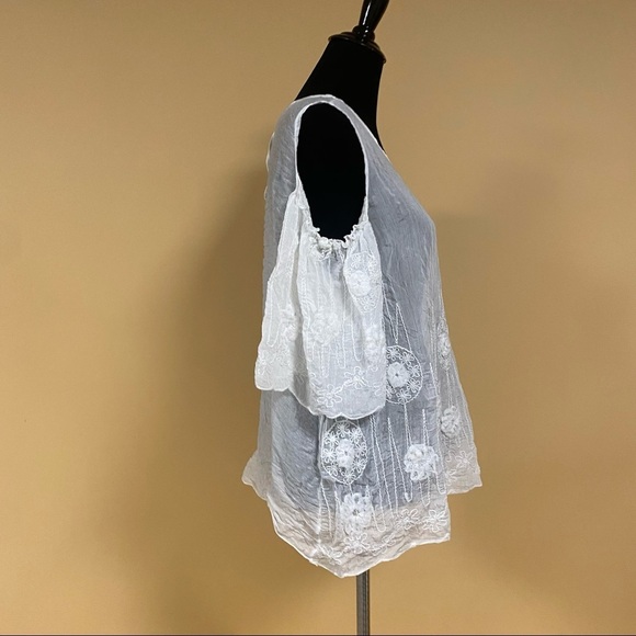 Le Marais Paris White Floral Lace Cold Shoulder Sheer Blouse Top Size XL - Picture 6 of 10